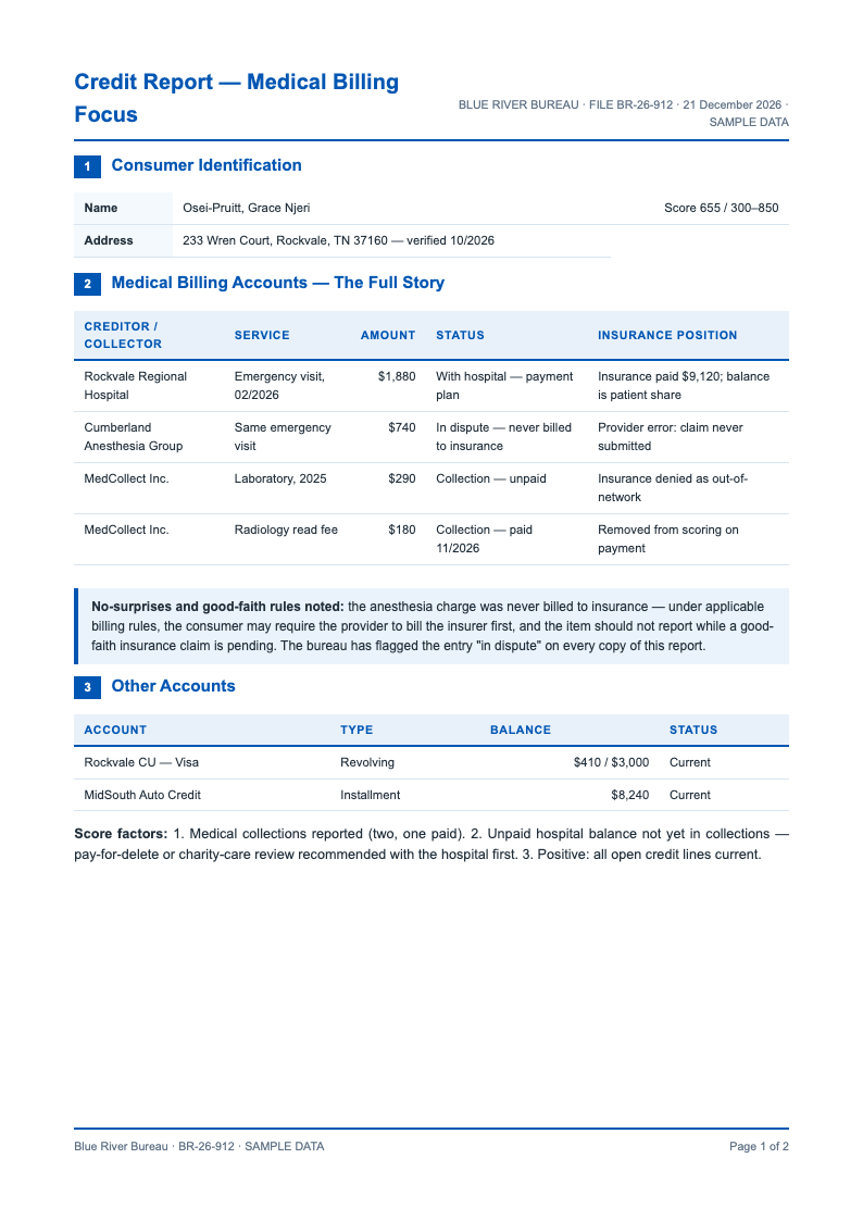 Medical bill insurance credit report